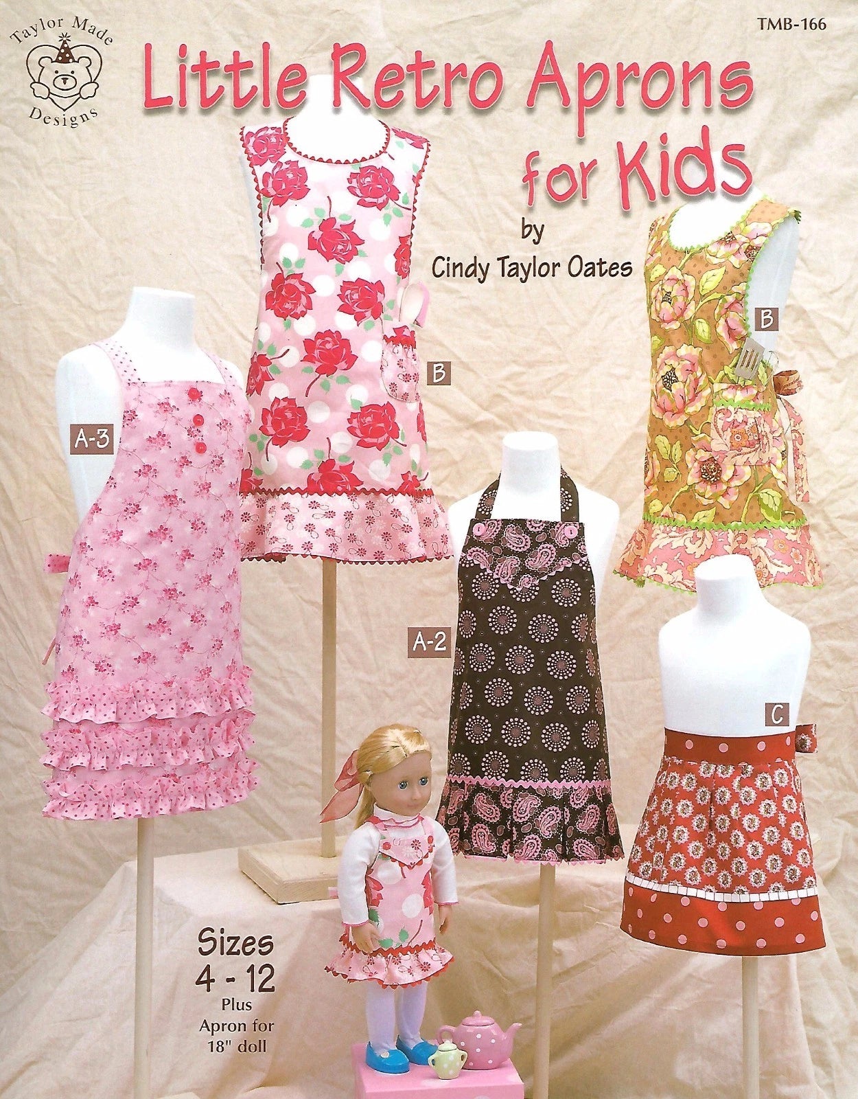 Pattern book cover for 'Little Retro Aprons for Kids' by Cindy Taylor Oates with aprons on mannequins and a doll.