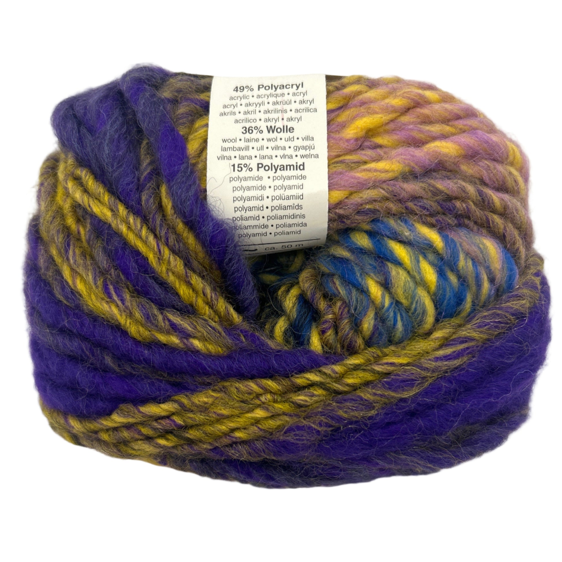 Ball of purple and yellow yarn with a label on a white background