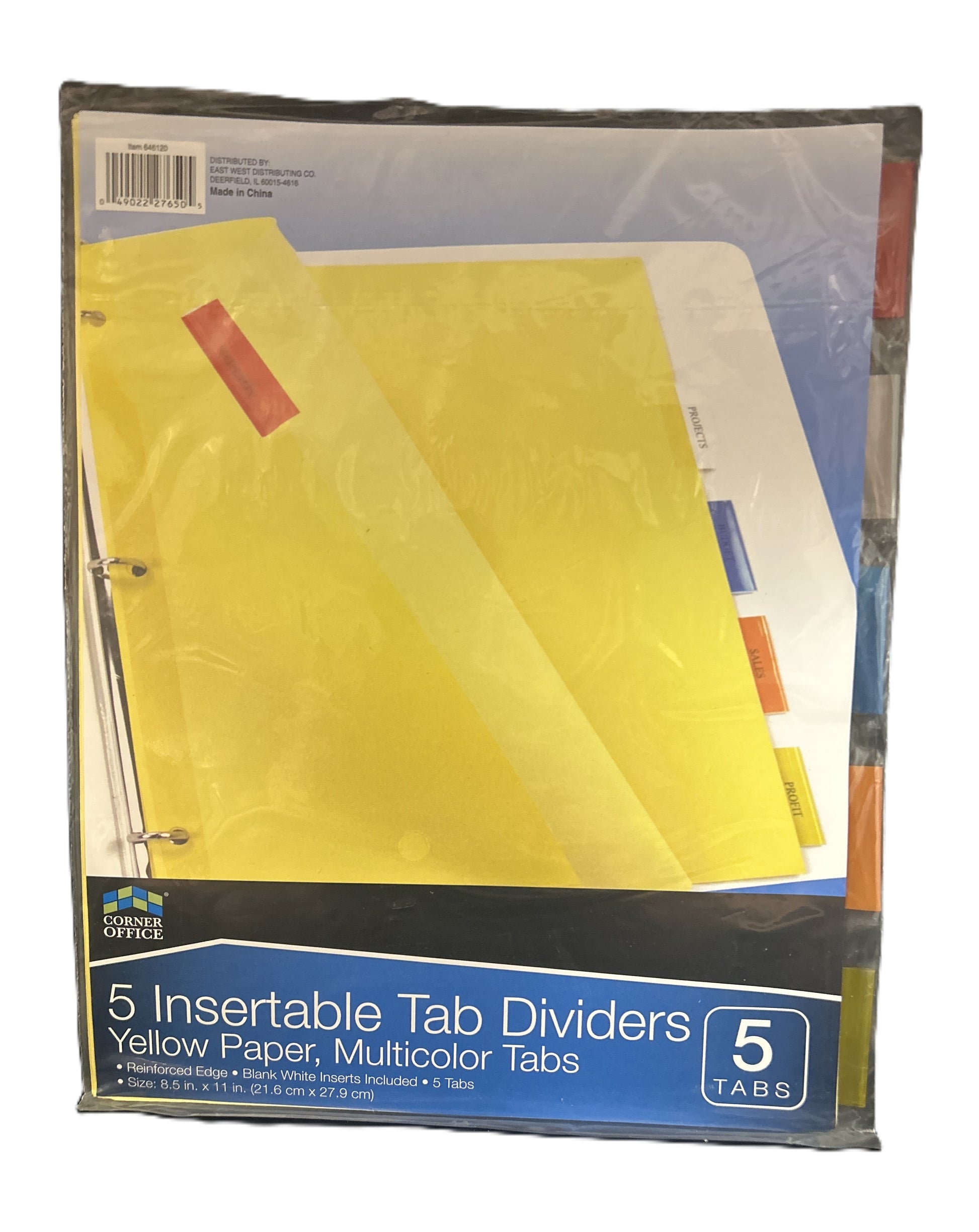 Packaged set of five insertable tab dividers with yellow paper and multicolor tabs, brand 'Crescent Office' visible.