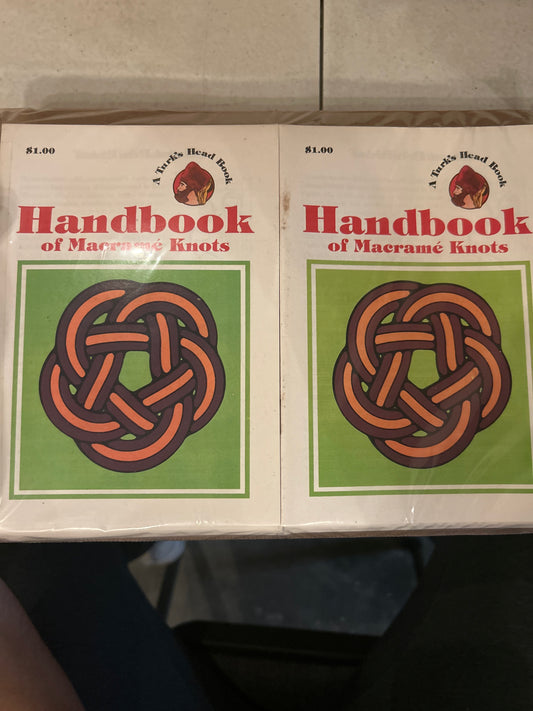 a green square ontop of a white background with an image of an intricate knot in the center of the green square. Book titled "Handbook of Macrame Knots" brand name "A Turk's Head Book"