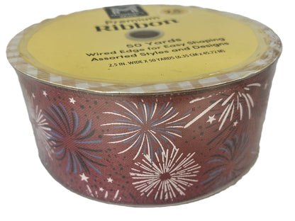 Container of ribbon with fireworks design on a white background