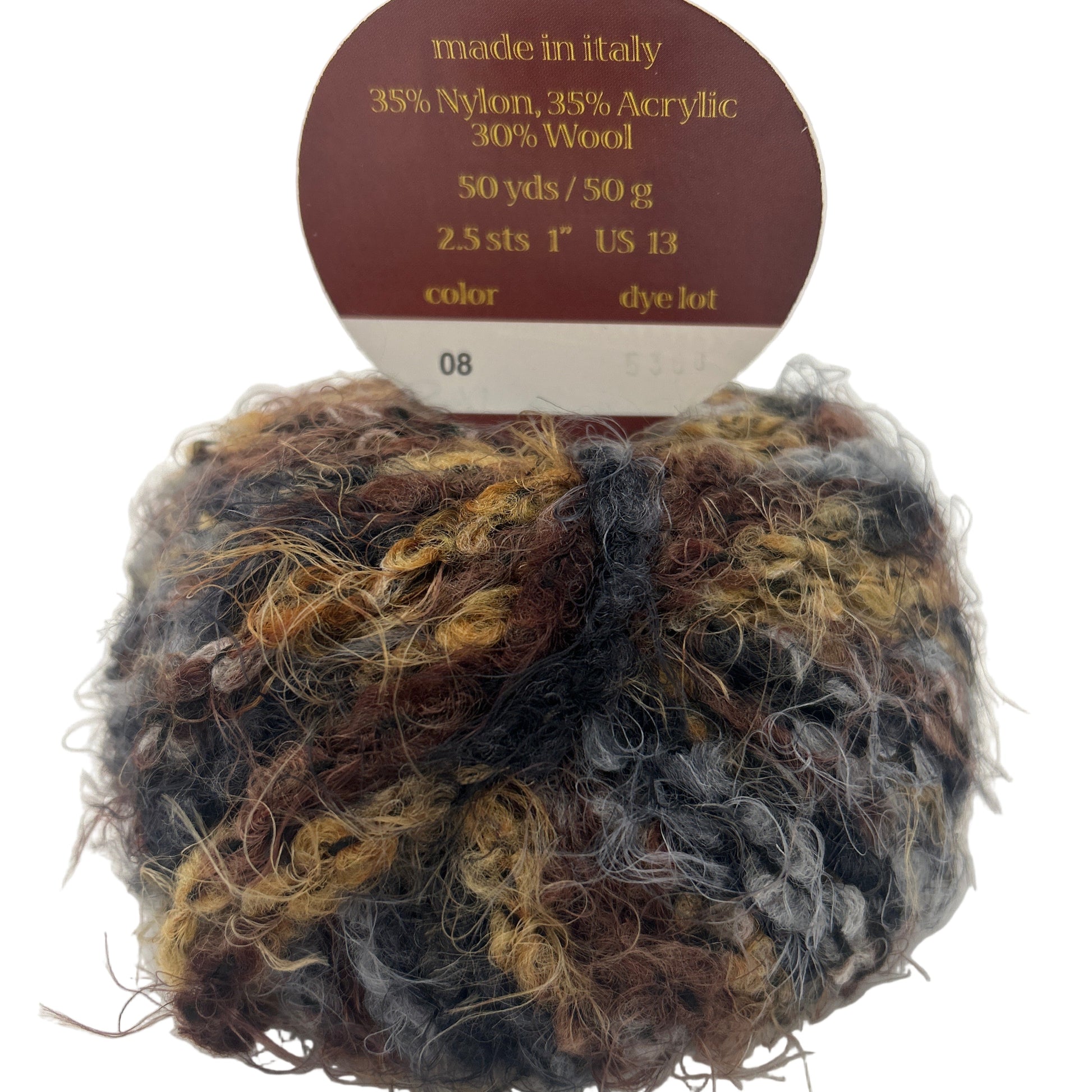 Ball of multicolored yarn with a label indicating 'made in Italy' on a white background