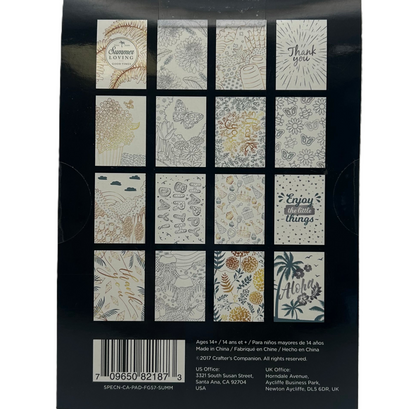 Packaging of patterned cards with various designs on a black background