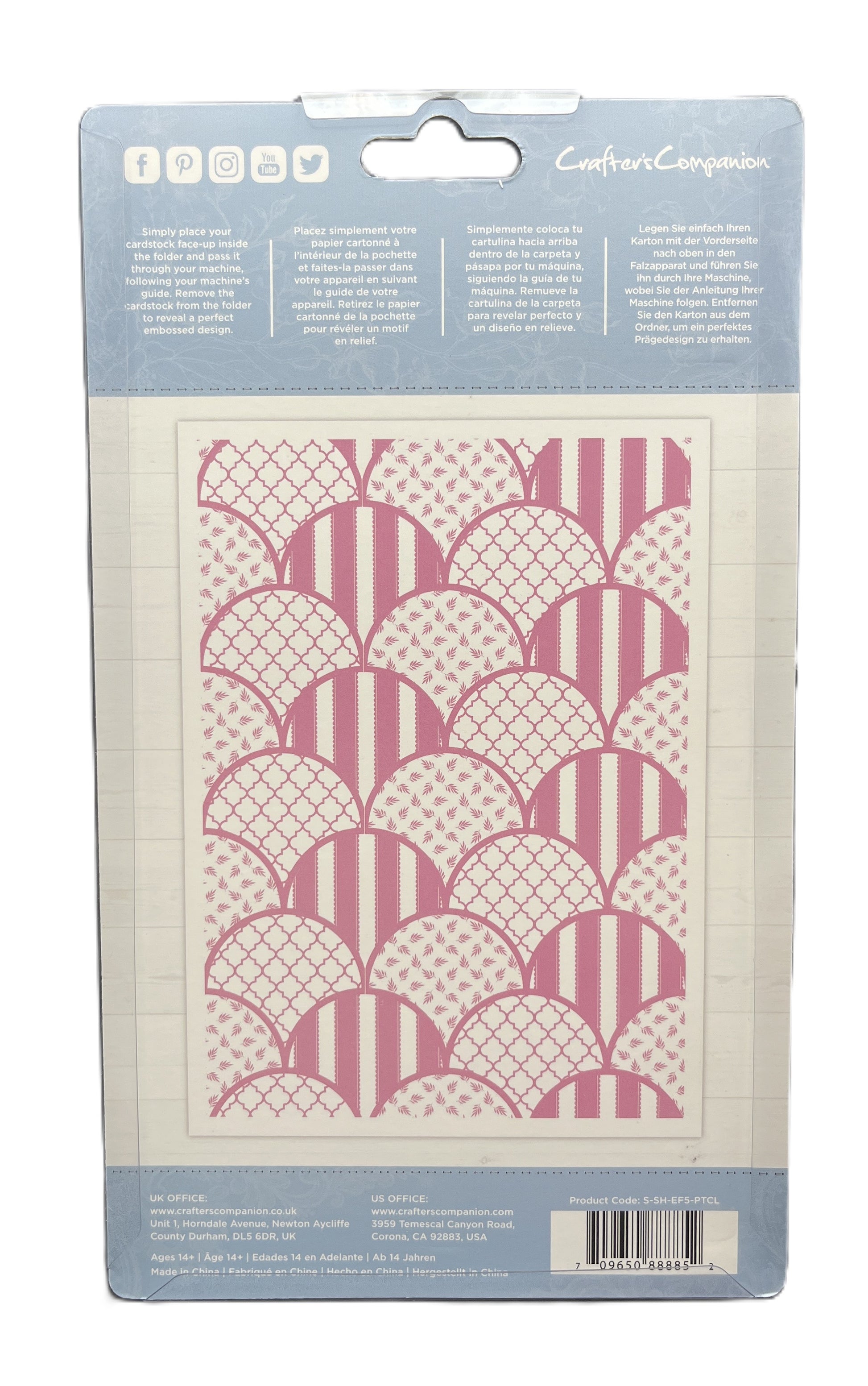 Packaged product with pink geometric patterns on a white background