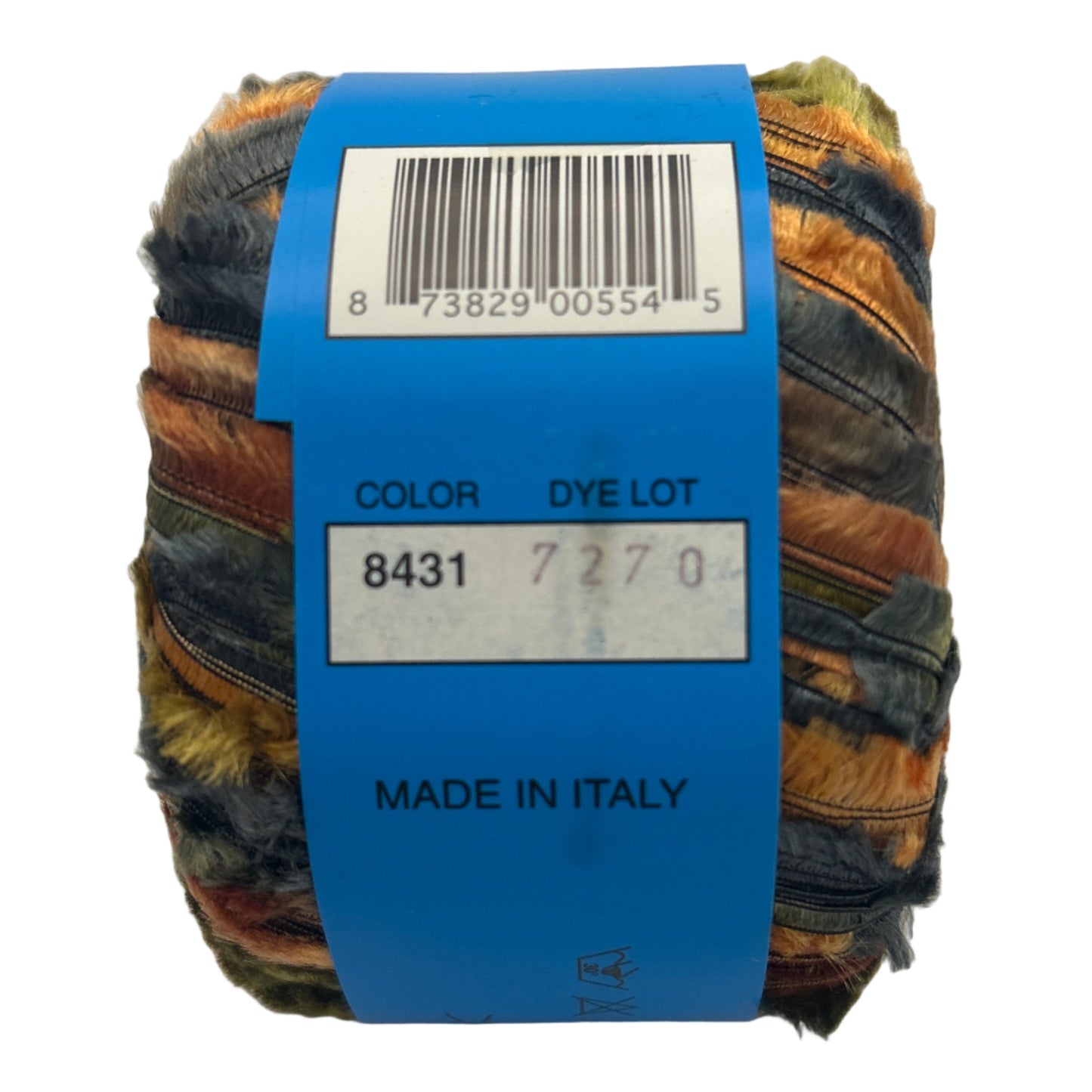 Ball of multicolored yarn with a blue label on a white background