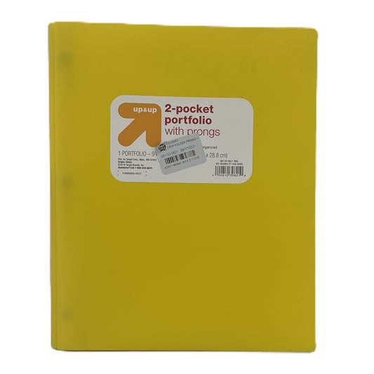 Yellow two-pocket portfolio with prongs on a white background