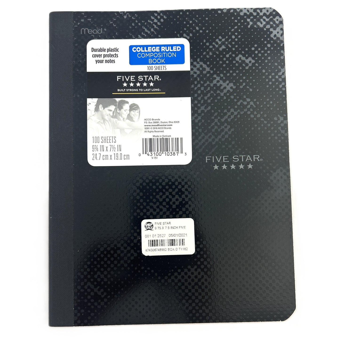 Black composition book with Five Star branding on a white background
