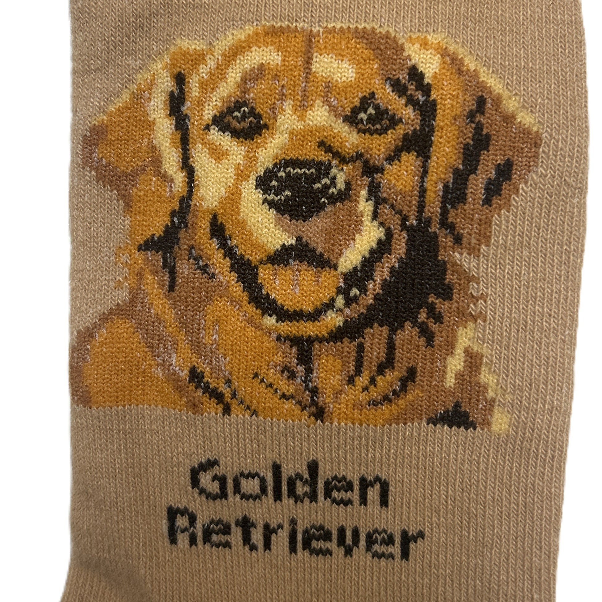 Sock with a Golden Retriever design and 'Golden Retriever' text on a beige background