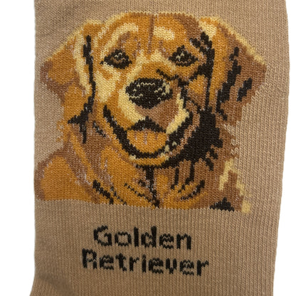 Sock with a Golden Retriever design and 'Golden Retriever' text on a beige background