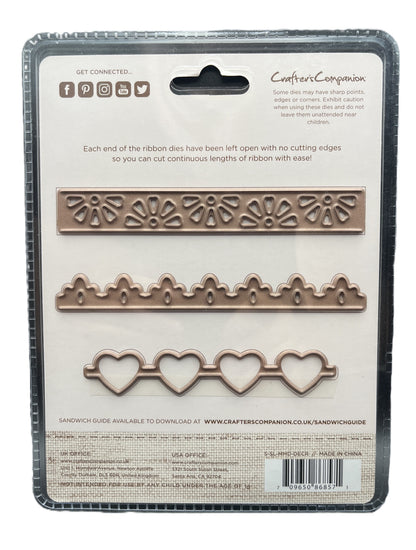 Packaging of Crafters Companion ribbon dies with decorative patterns on a white background.