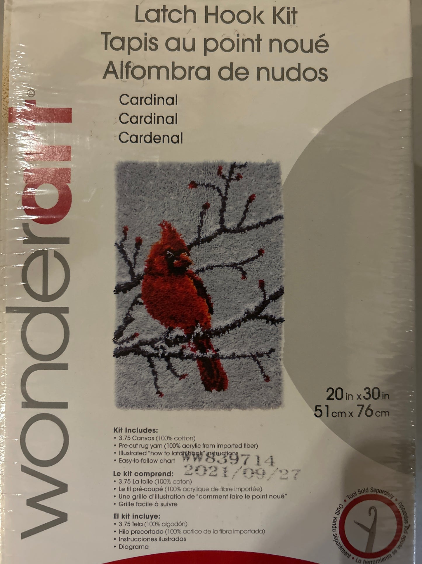 Wondershop latch hook kit packaging with a red cardinal design on a gray background