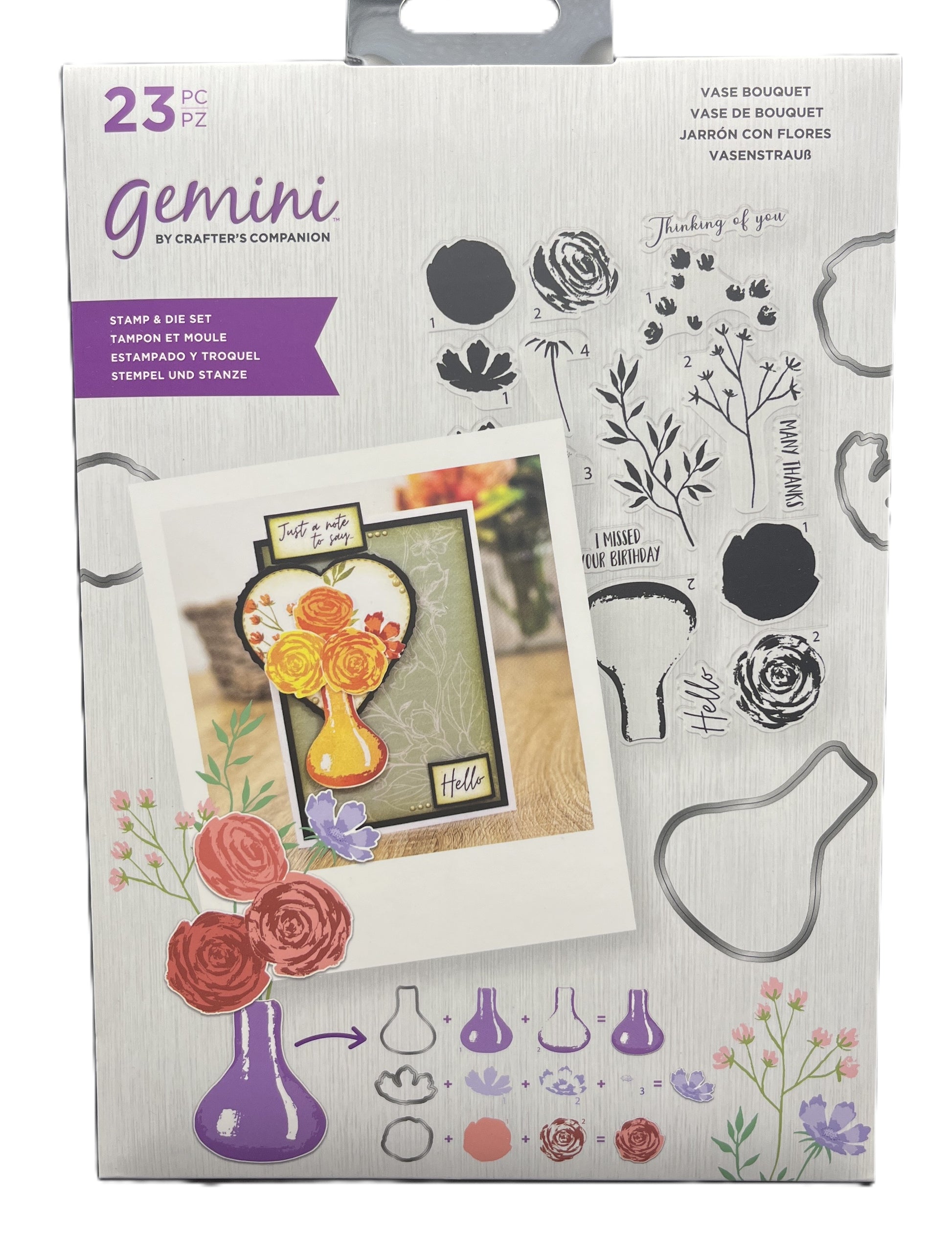 Packaging of Gemini by Crafter's Companion stamp and die set with floral and vase designs.