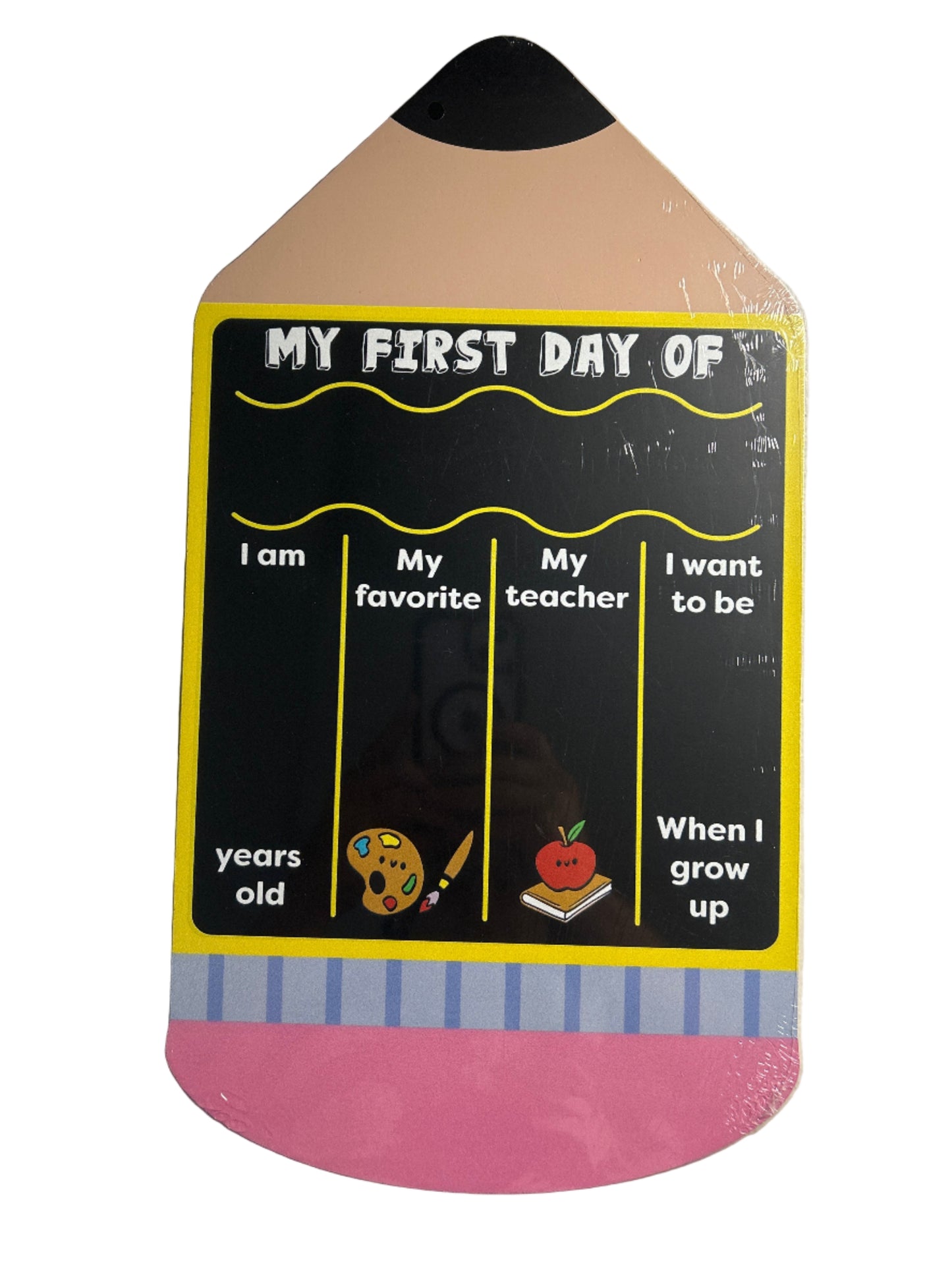 Children's card shaped like a pencil with text fields on a white surface