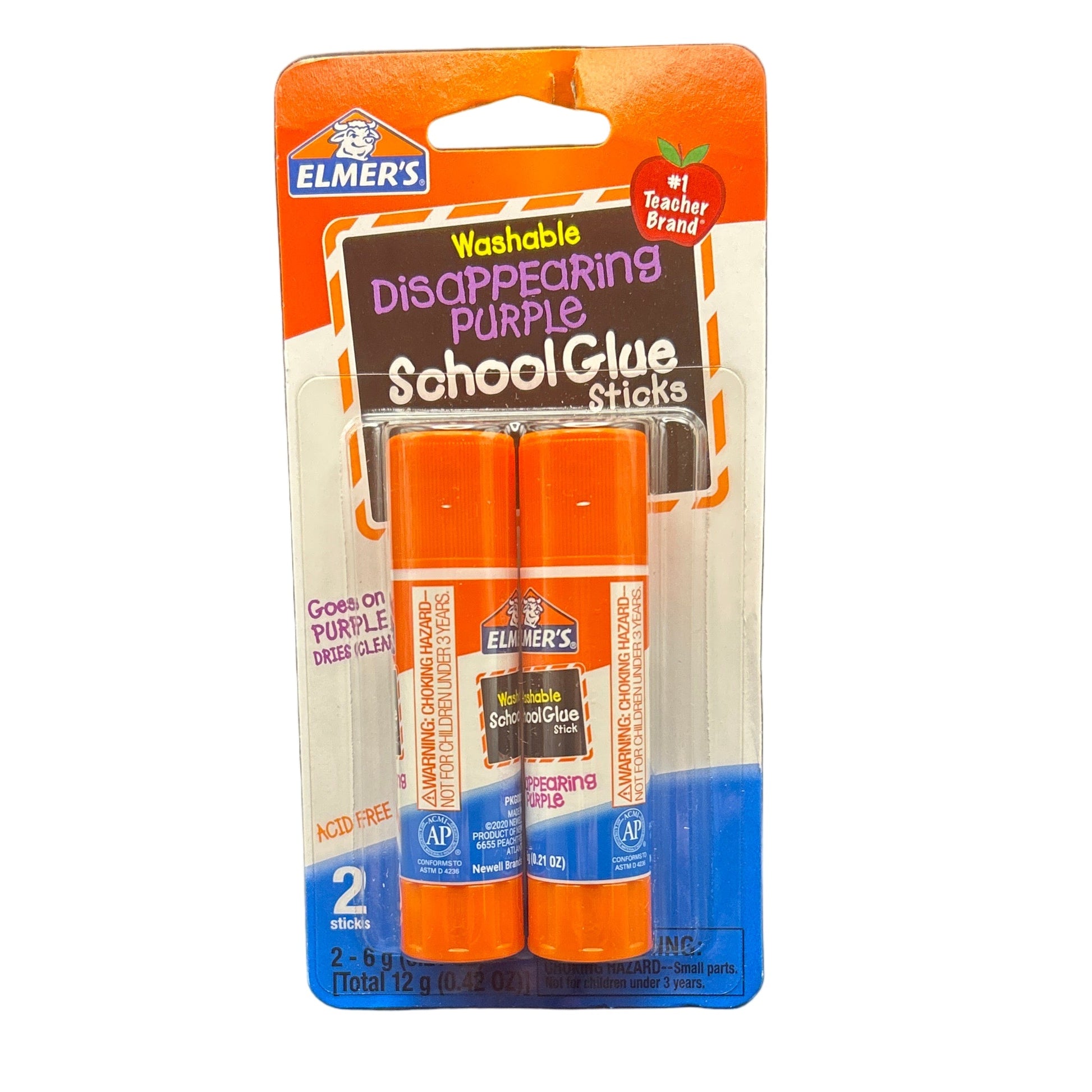 Elmer's Disappearing Purple School Glue Sticks packaging with two sticks on a white background