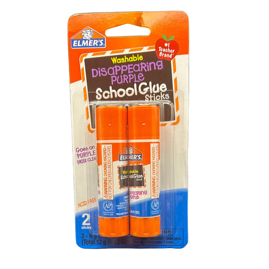 Elmer's Disappearing Purple School Glue Sticks packaging with two sticks on a white background