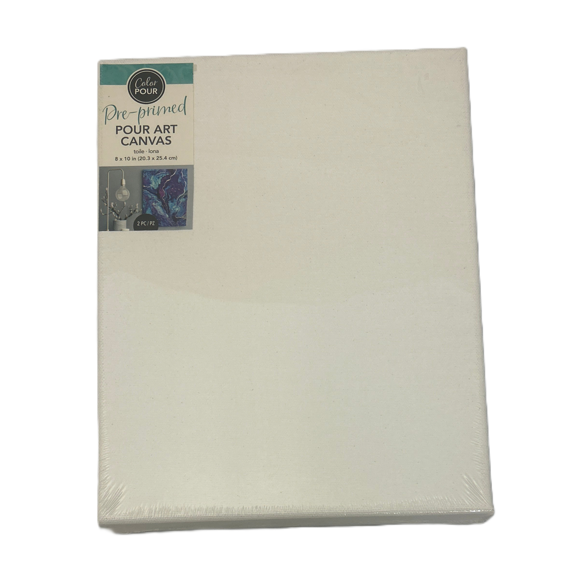 Packaged art canvas with brand label on a white background