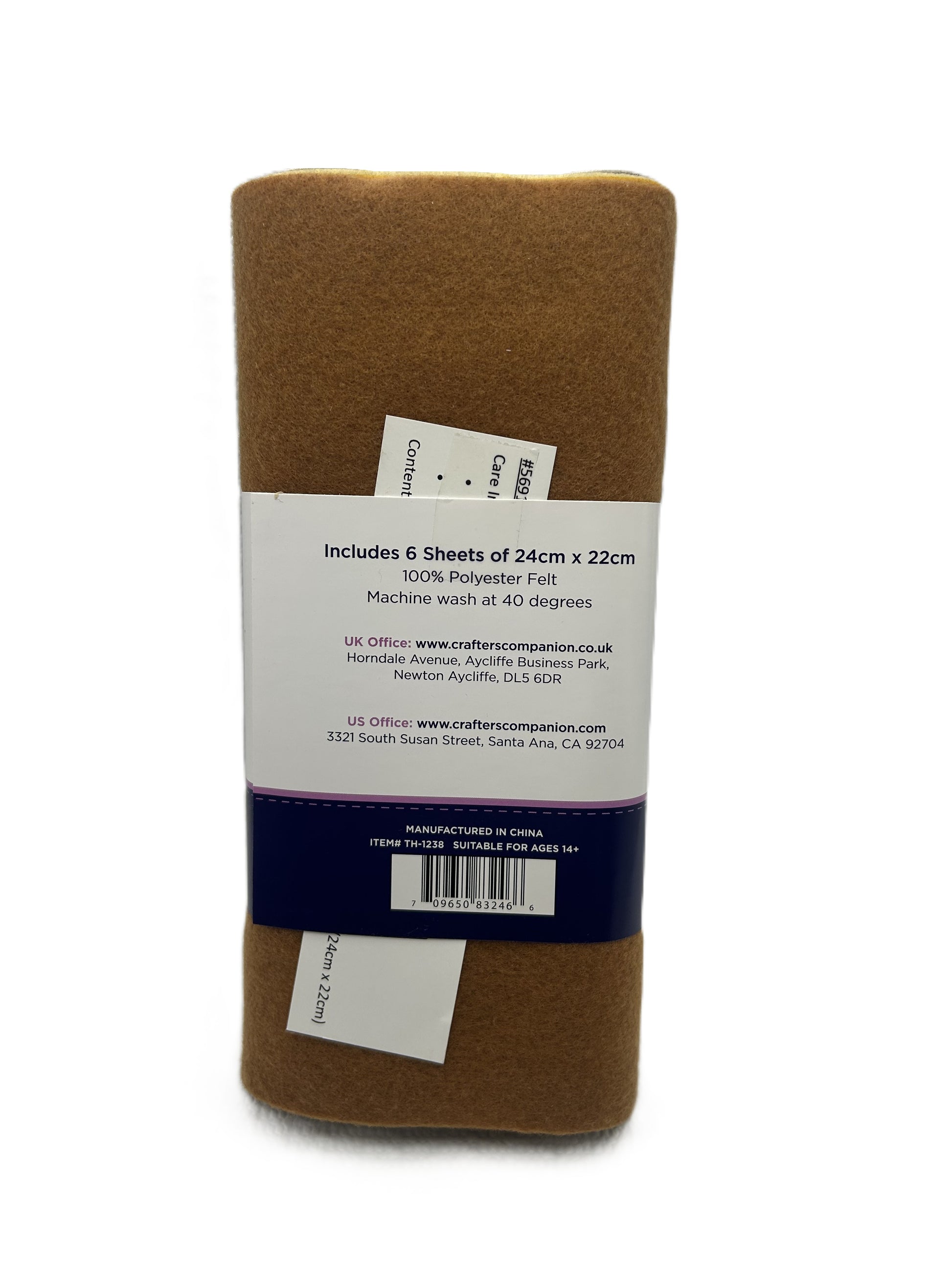 Brown felt sheet with packaging and label on a white background