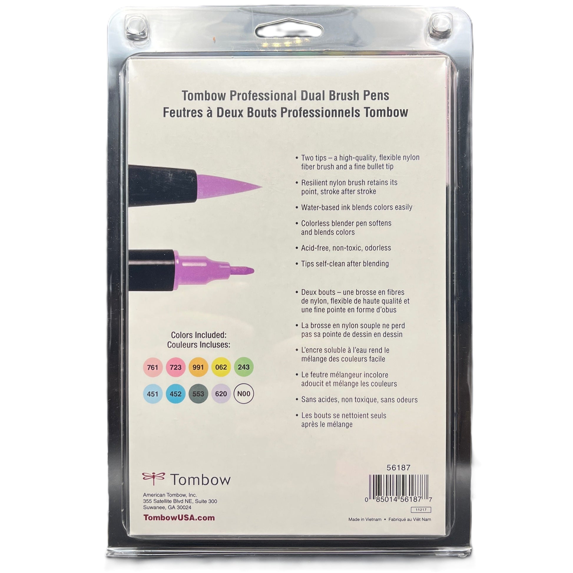 Tombow Professional Dual Brush Pens packaging with product details on a white background