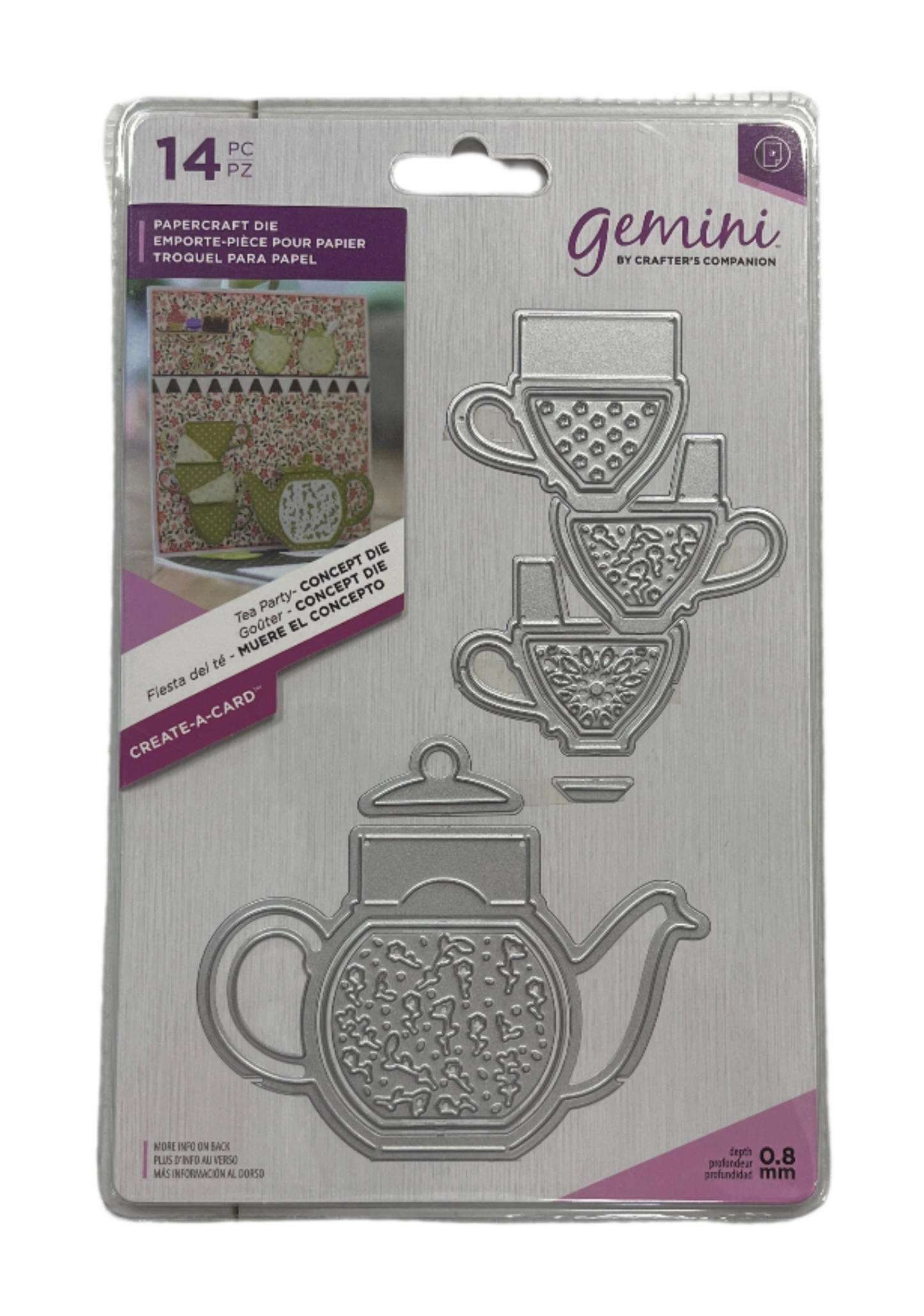 Packaging of Gemini die cutters with tea-themed designs on a white background