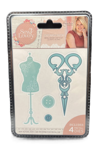 Packaging of sewing-themed die cutters with a mannequin, scissors, and buttons on a beige background.