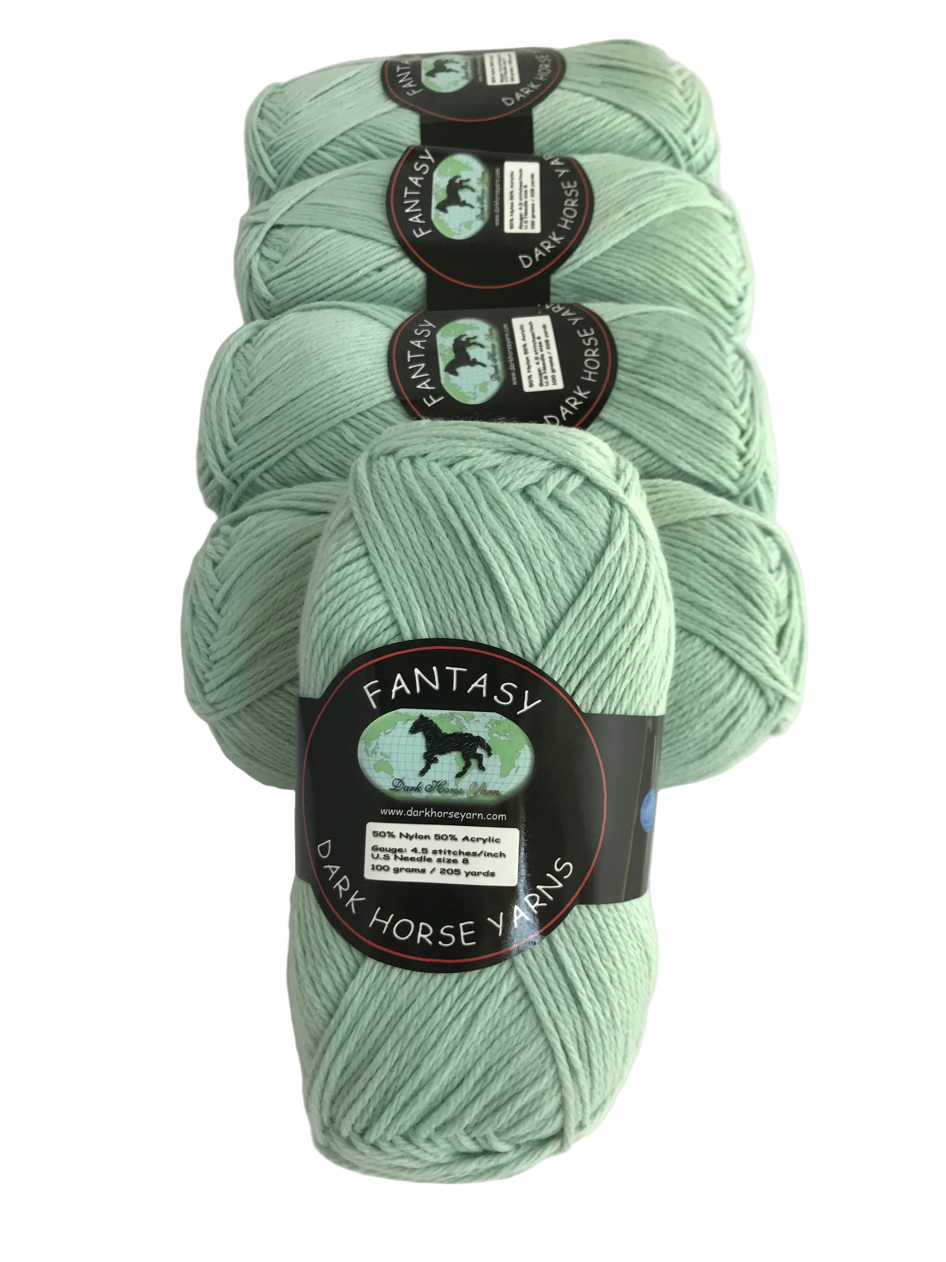 Four skeins of light green yarn with labels on a white background