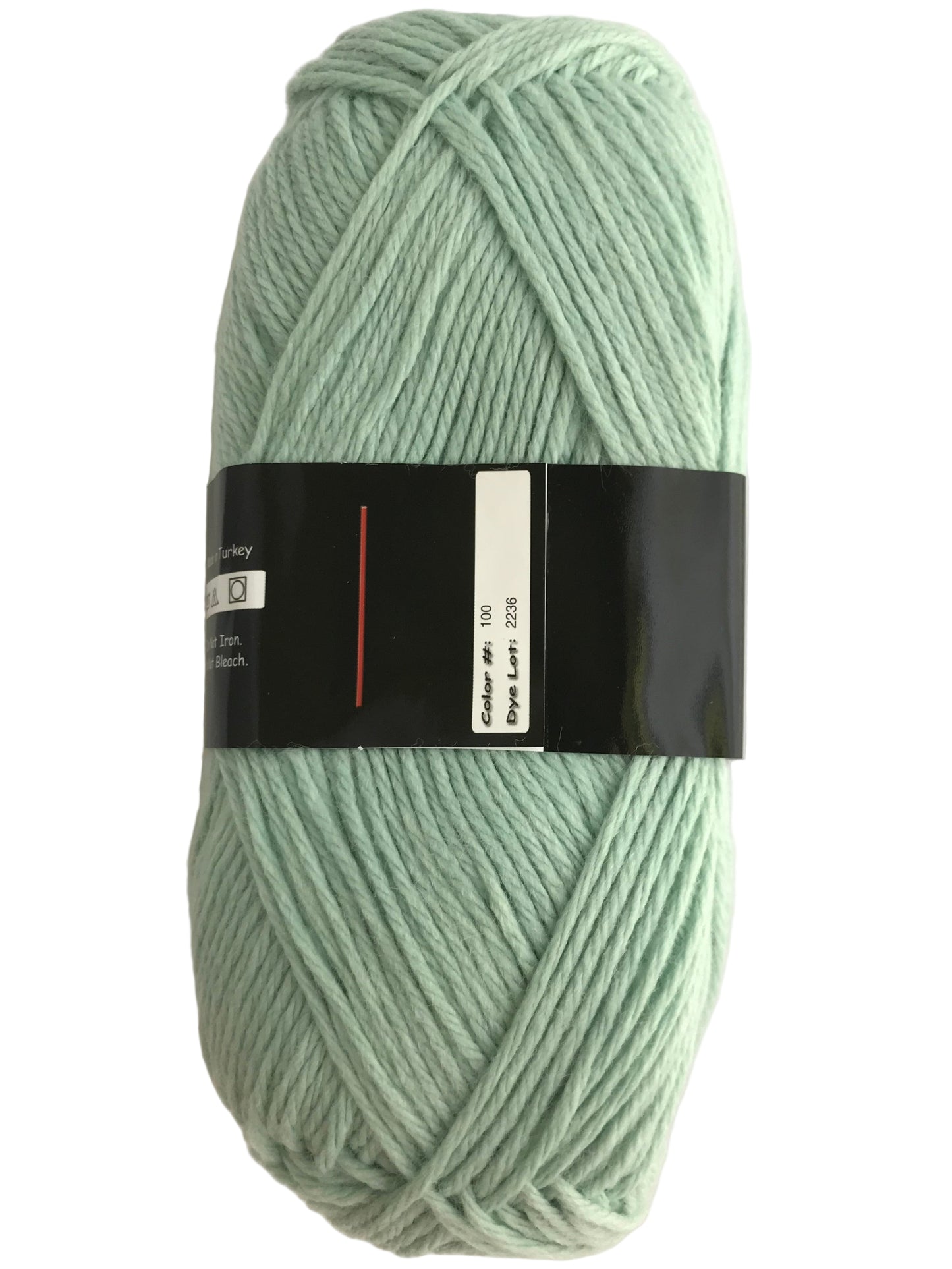 Light green skein of yarn with a label on a white background