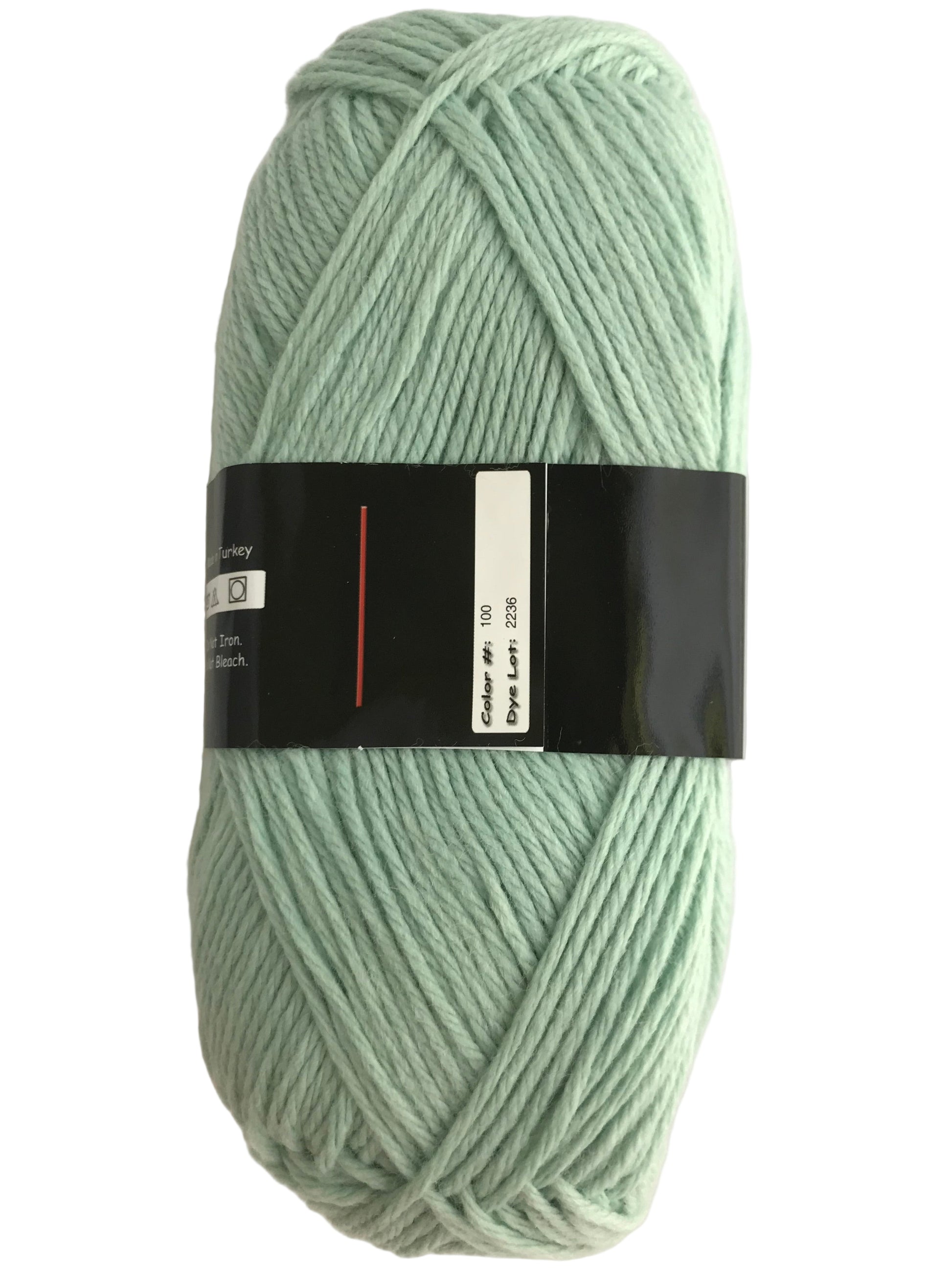 Light green skein of yarn with a label on a white background