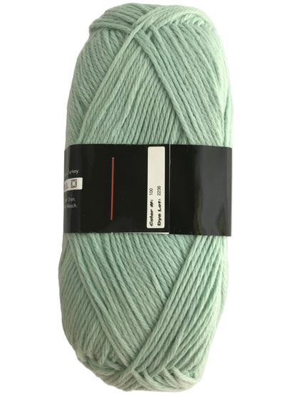 Light green skein of yarn with a label on a white background
