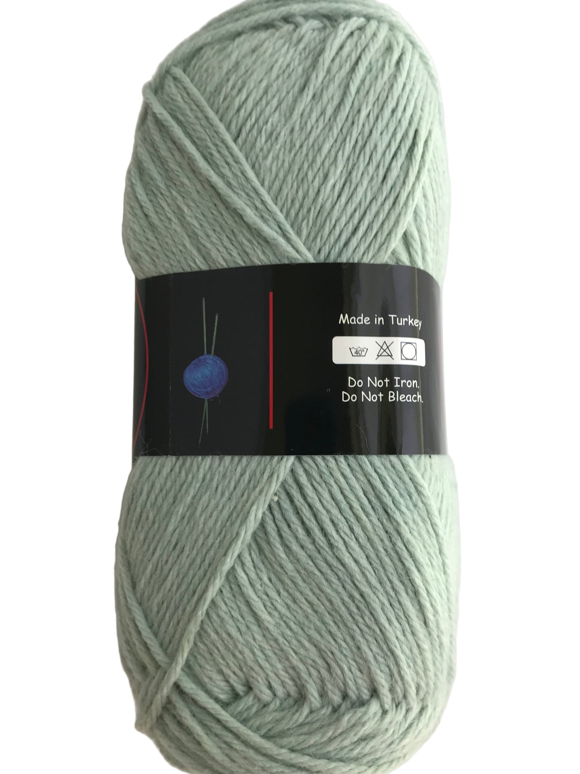 Light green skein of yarn with a label on a white background