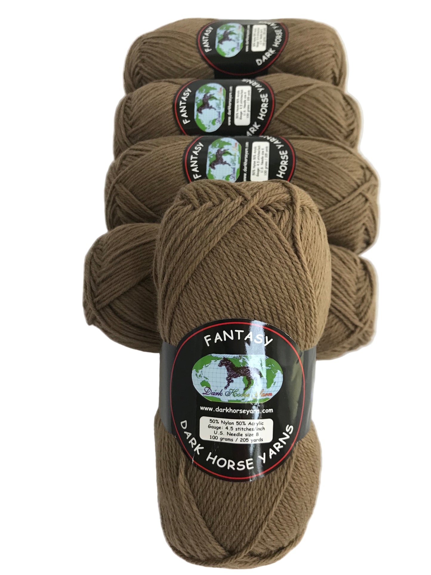 Four skeins of brown yarn with labels on a white background