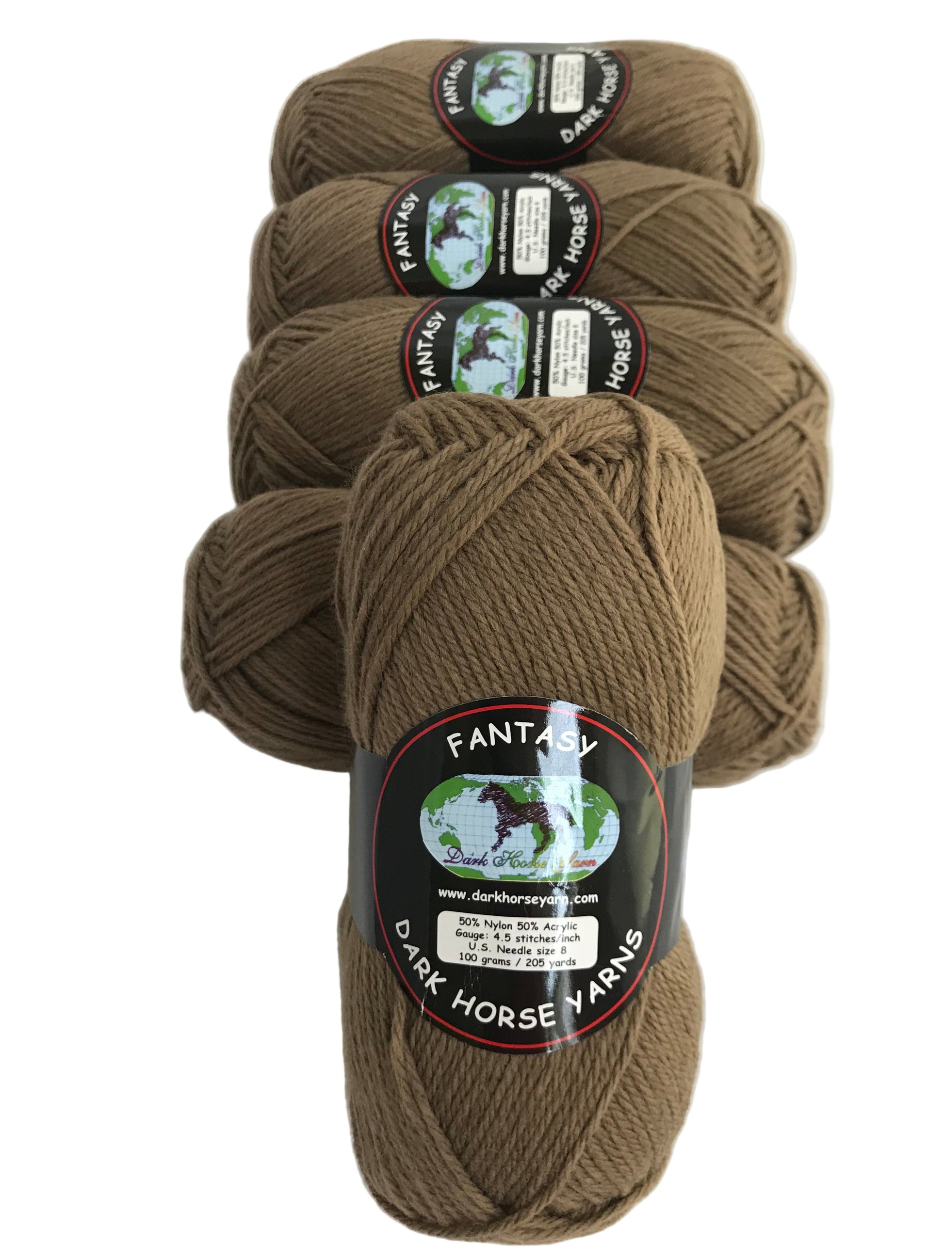 Four skeins of brown yarn with labels on a white background