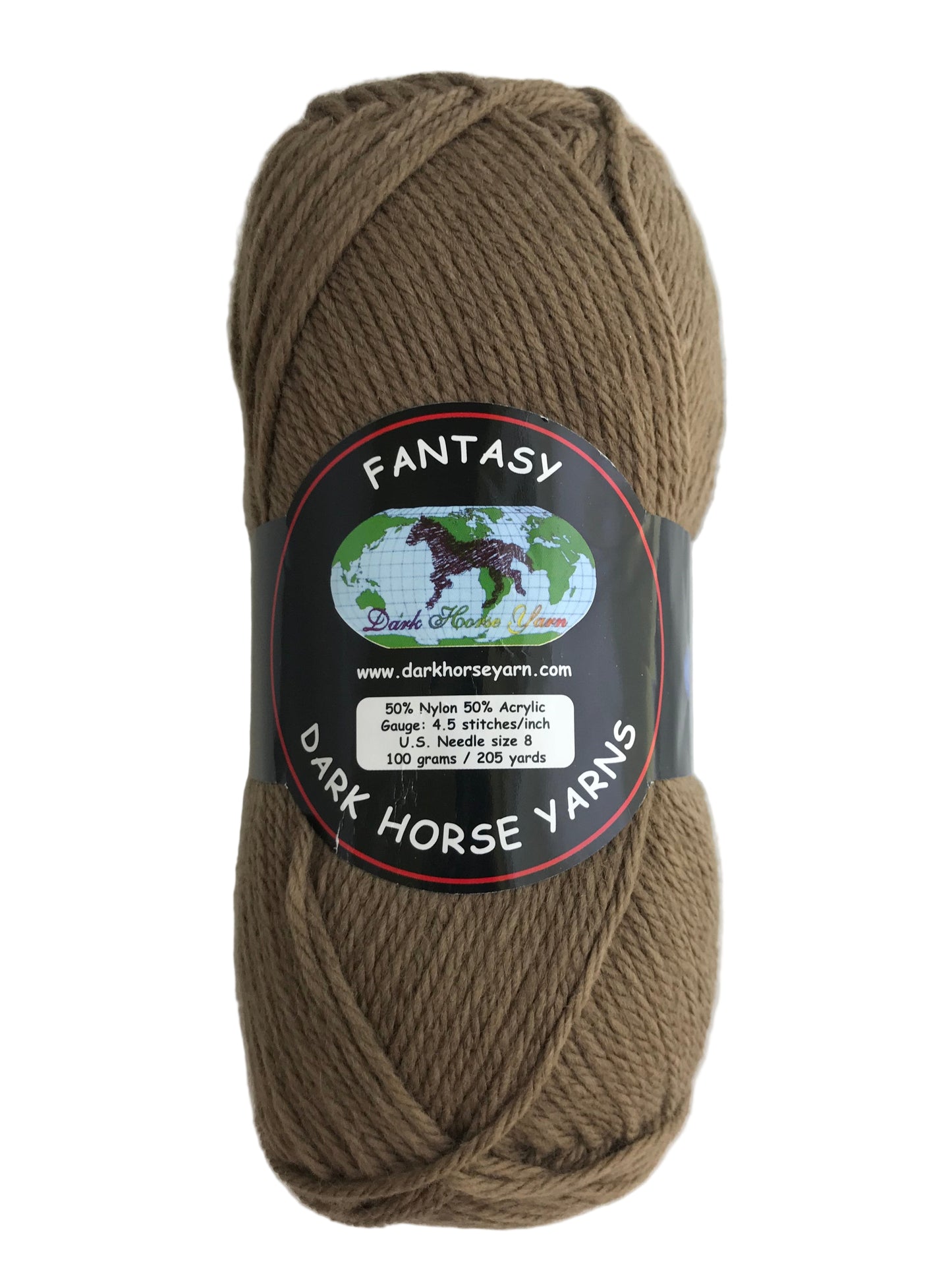 Ball of brown yarn with a 'Dark Horse Yarns' label on a white background