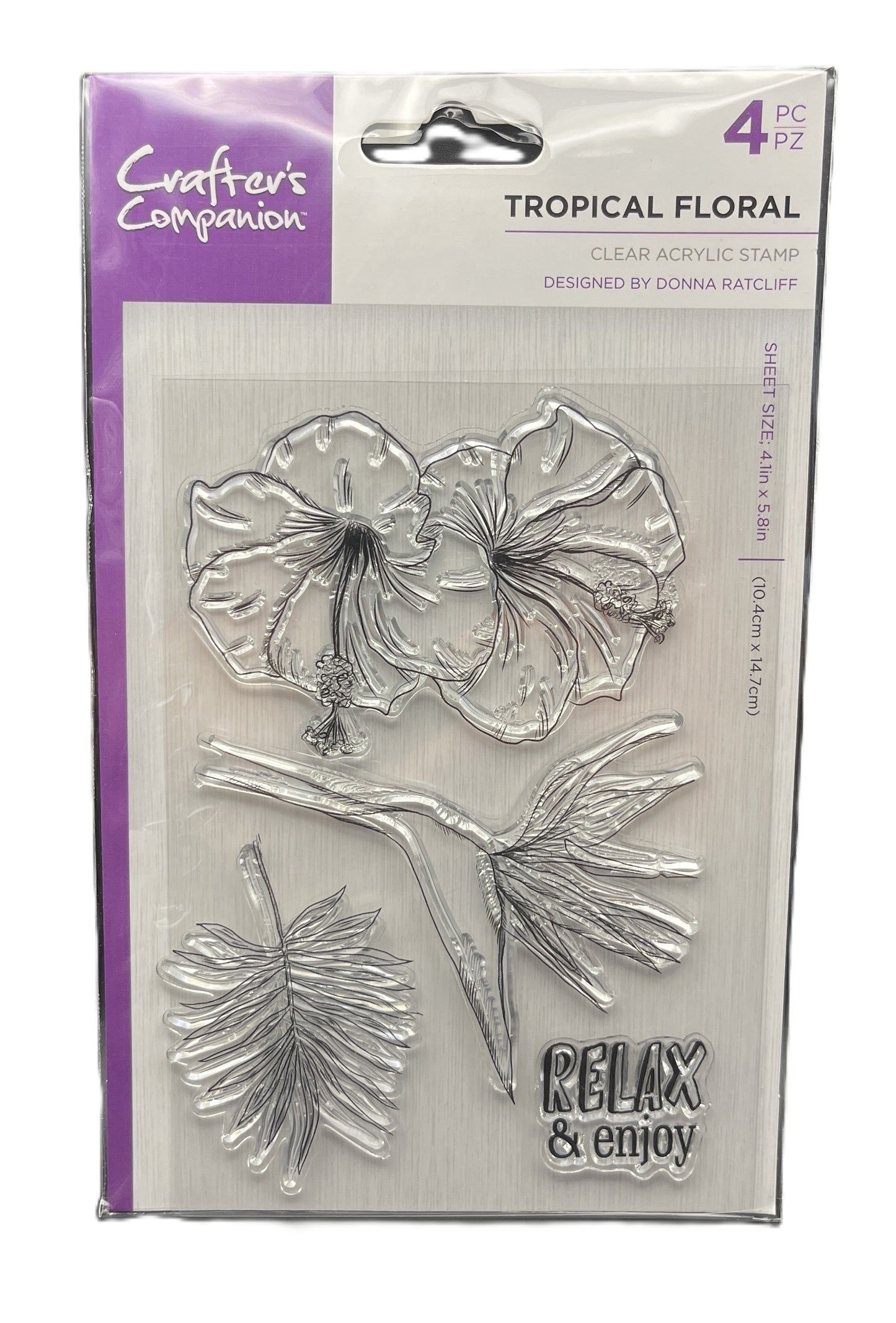 Packaging of Crafter's Companion tropical floral clear acrylic stamps with purple border.