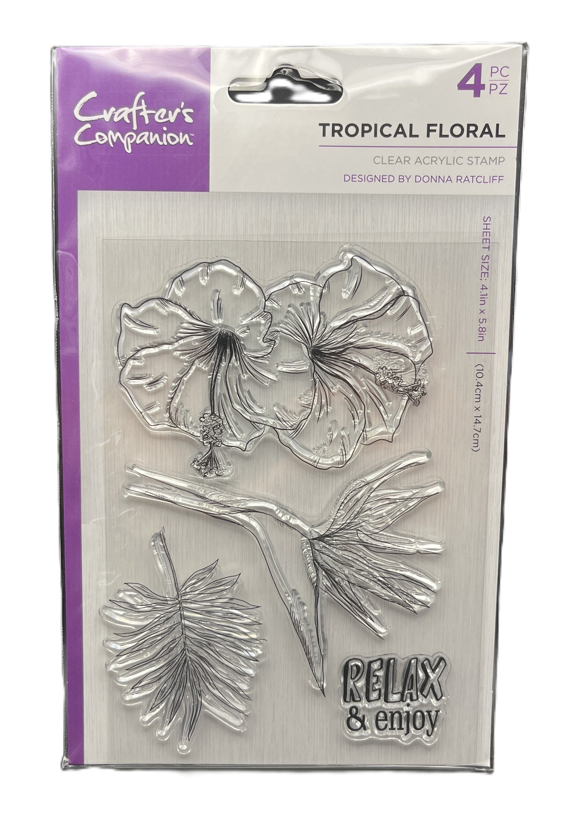 Packaging of Crafter's Companion tropical floral clear acrylic stamps with purple border.