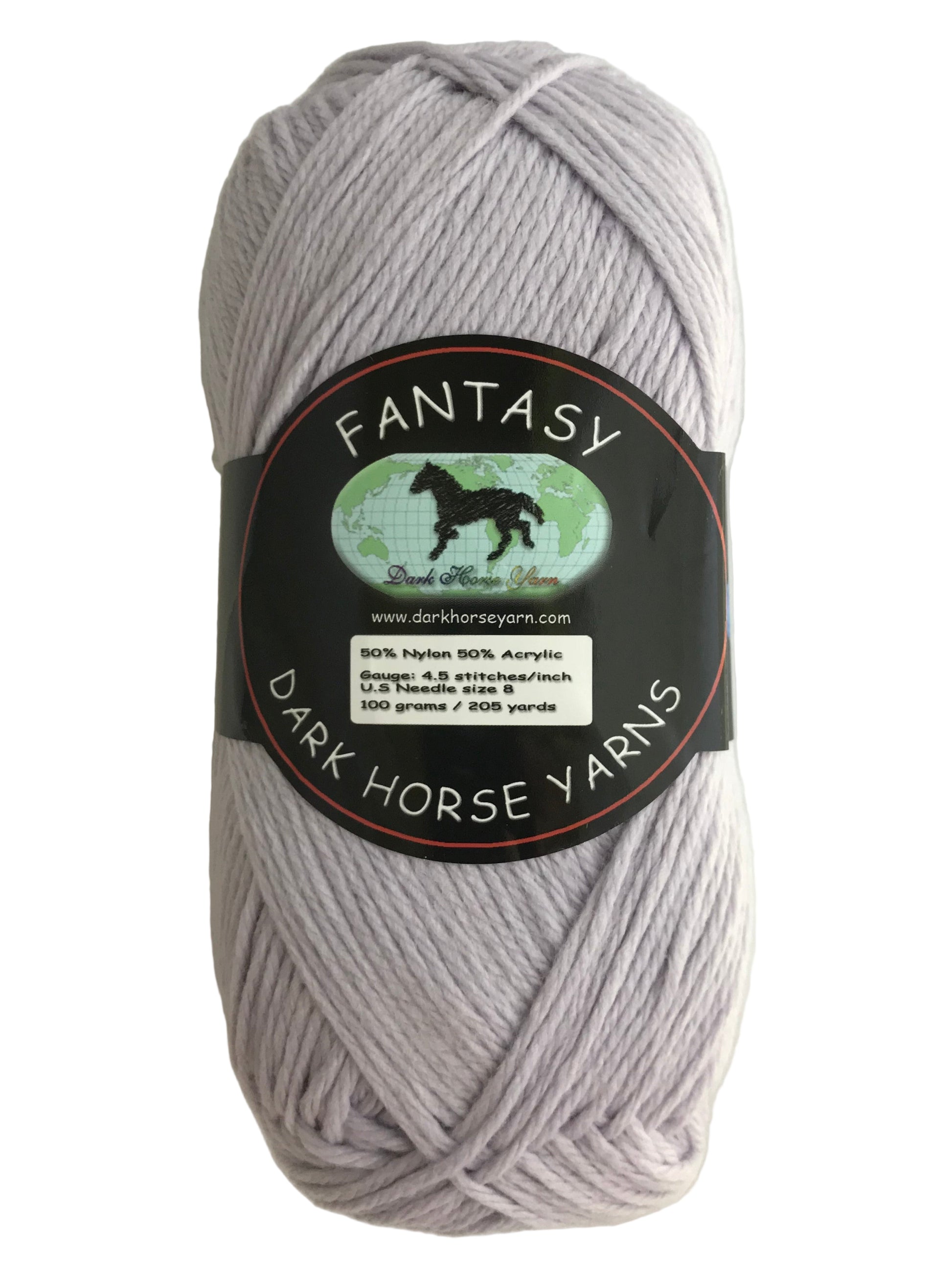 Gray skein of yarn with a 'Fantasy' label on a white background