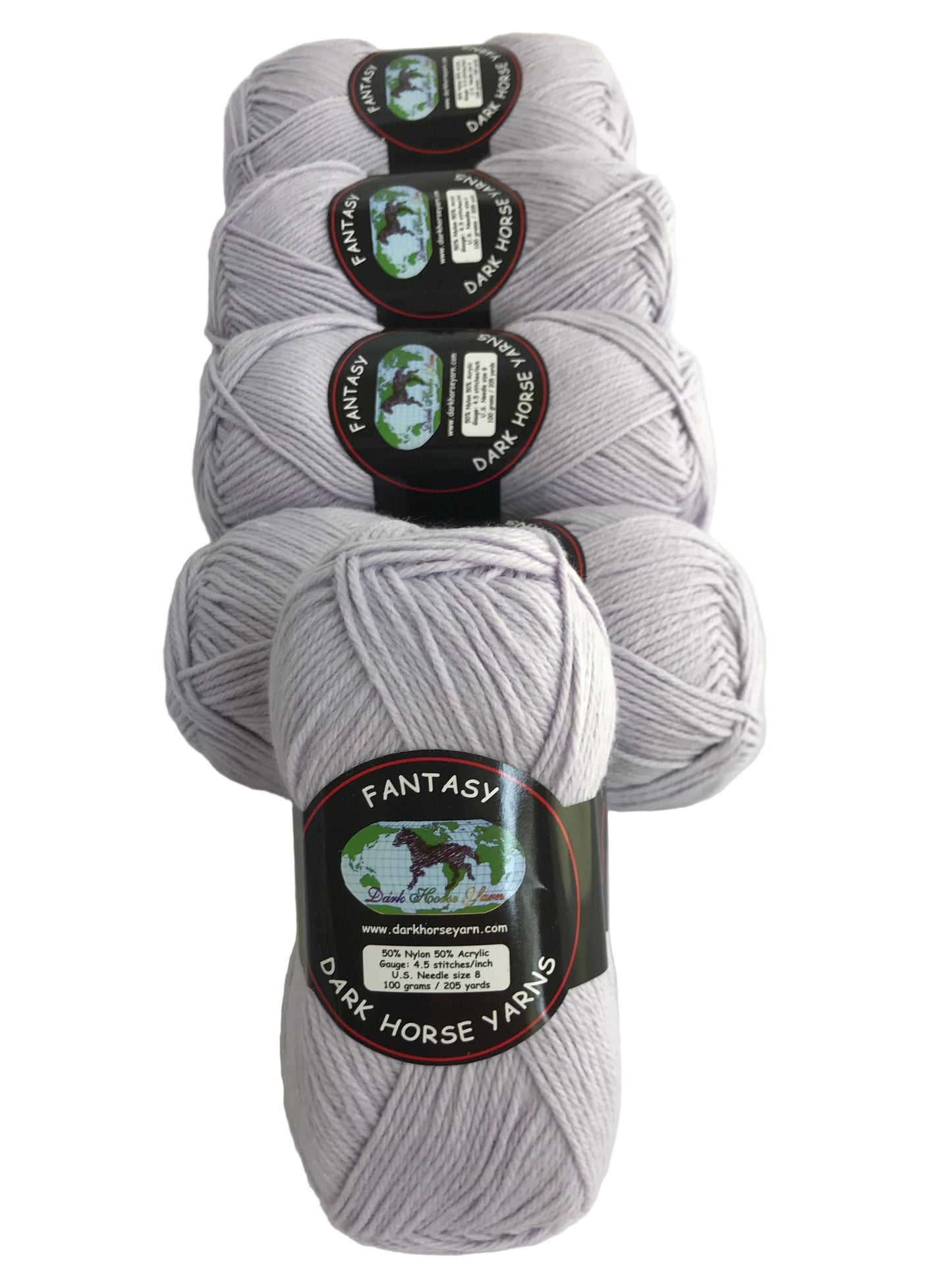 Three skeins of gray yarn with labels on a white background