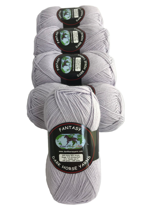 Three skeins of gray yarn with labels on a white background