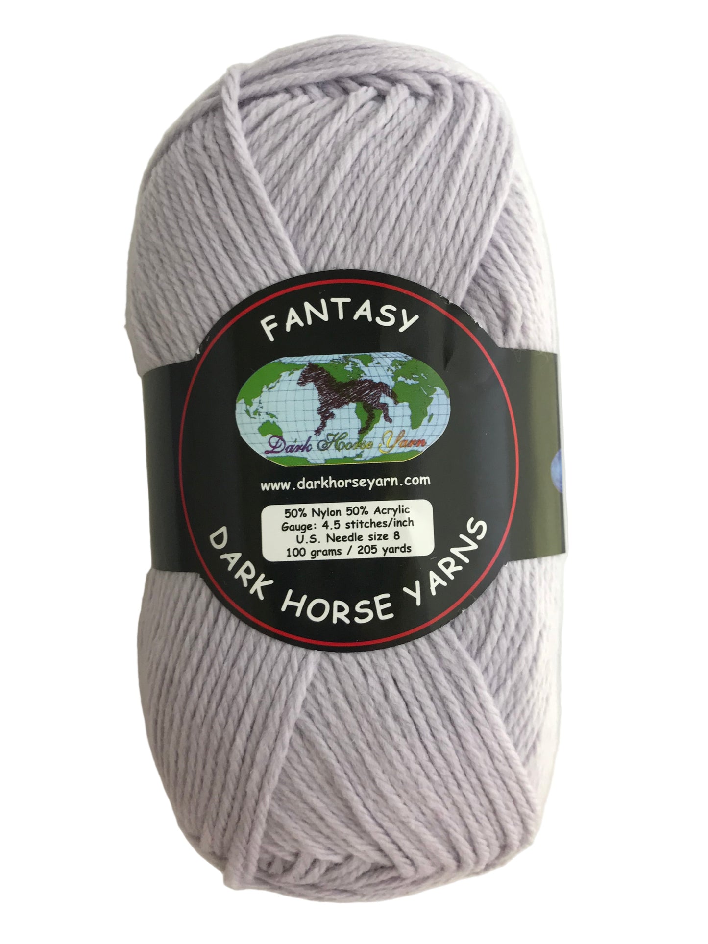 Ball of gray yarn with a Dark Horse Yarns label on a white background