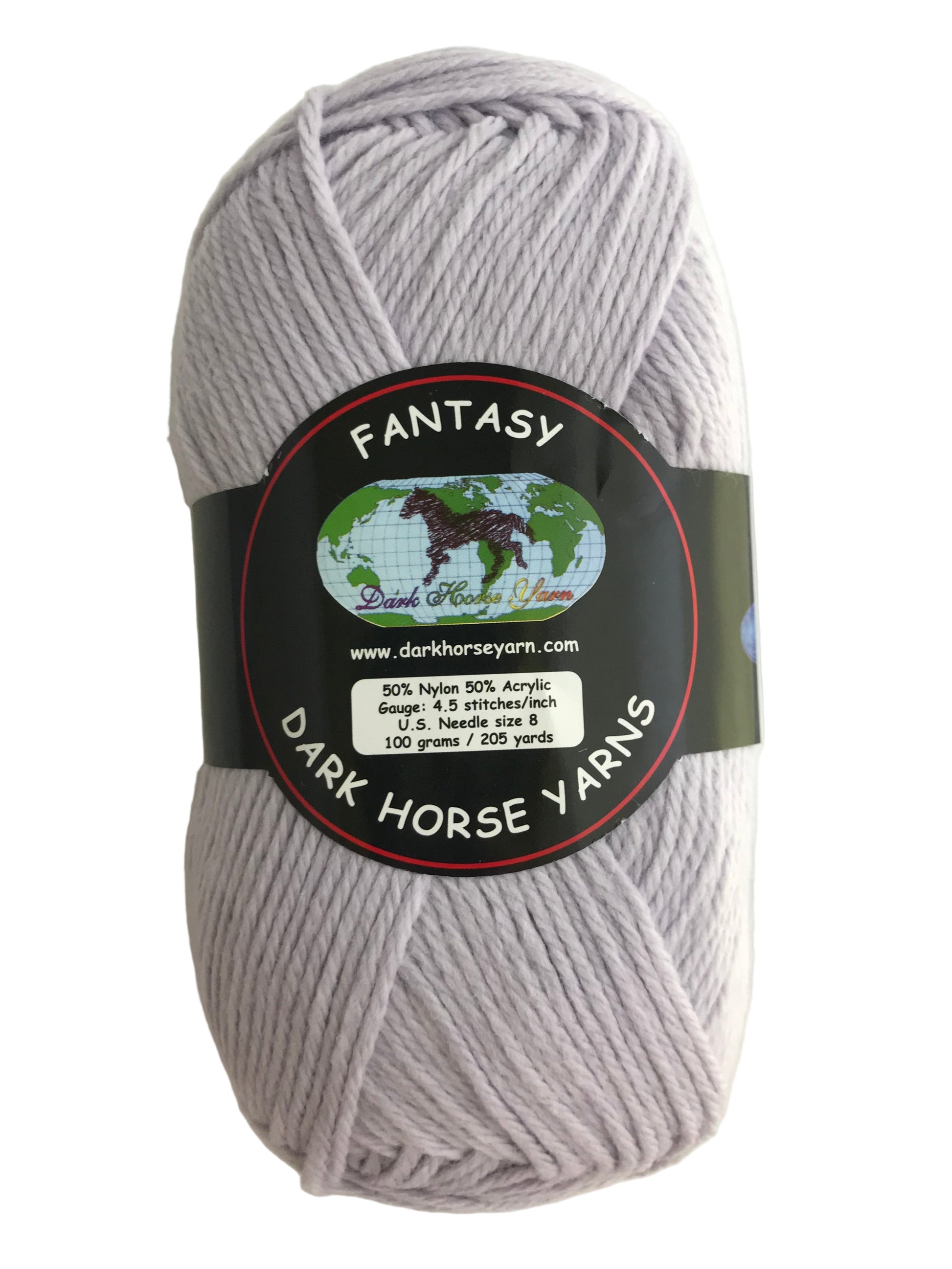 Ball of gray yarn with a Dark Horse Yarns label on a white background