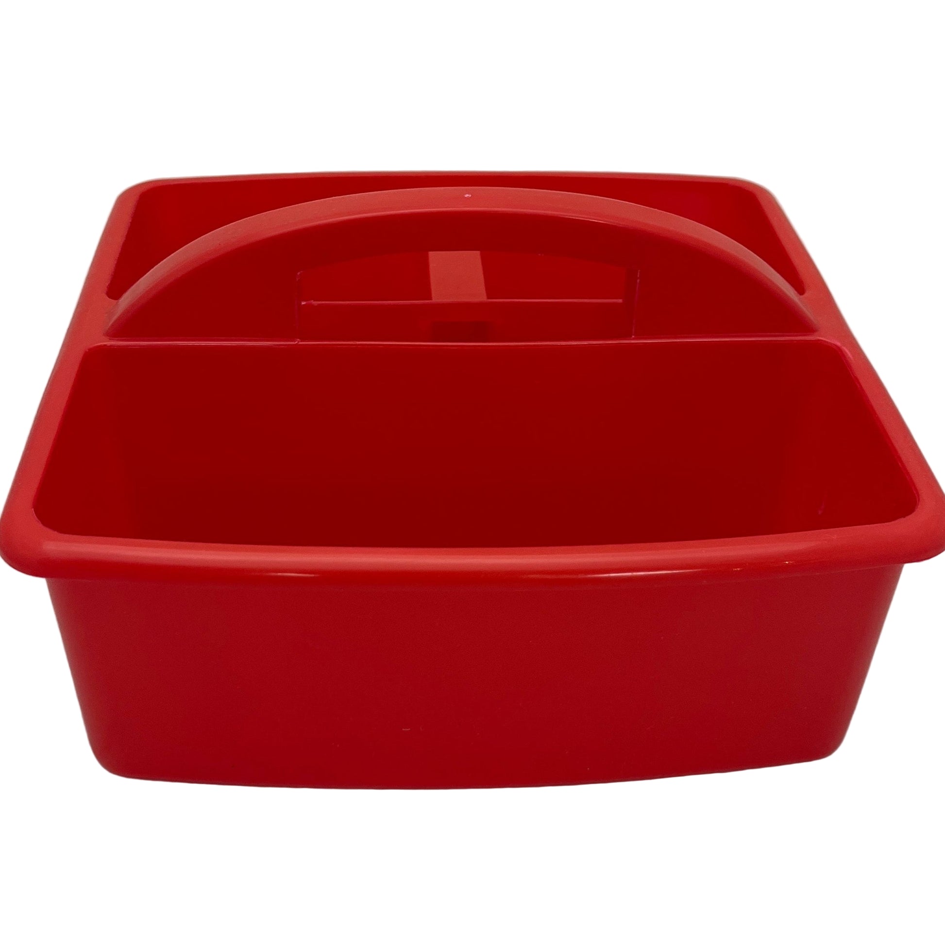 Red plastic bin with a handle on a white background