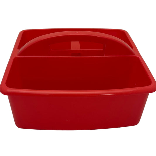 Red plastic bin with a handle on a white background