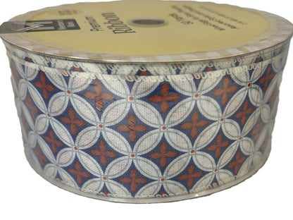 Container of decorative ribbon with geometric pattern on a white background