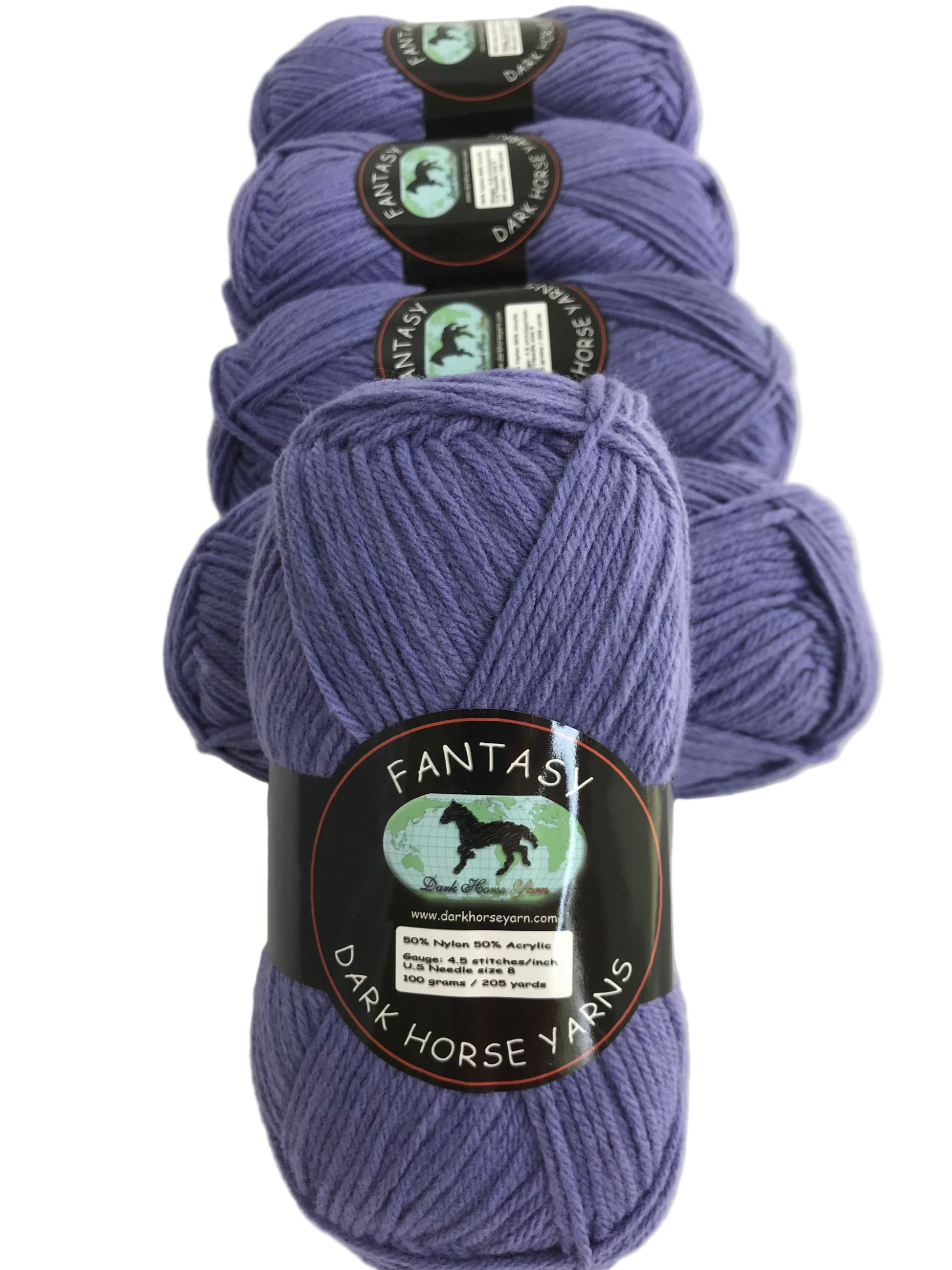 Purple yarn skeins with 'Dark Horse Yarns' labels on a white background