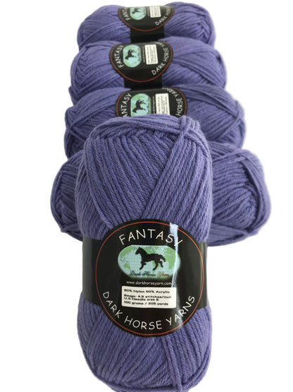 Purple yarn skeins with 'Dark Horse Yarns' labels on a white background