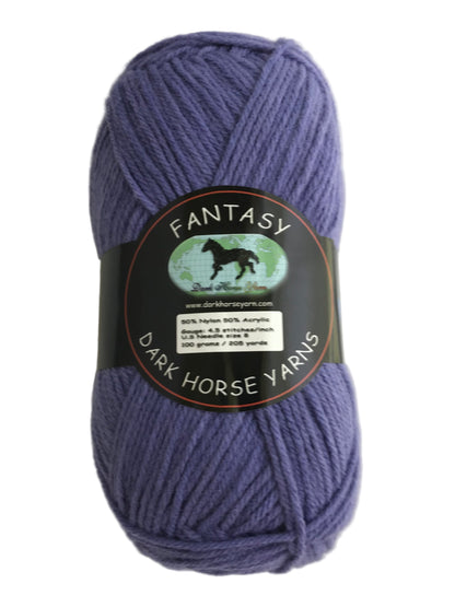 Purple yarn ball with 'Fantasy' label by Dark Horse Yarns on a white background
