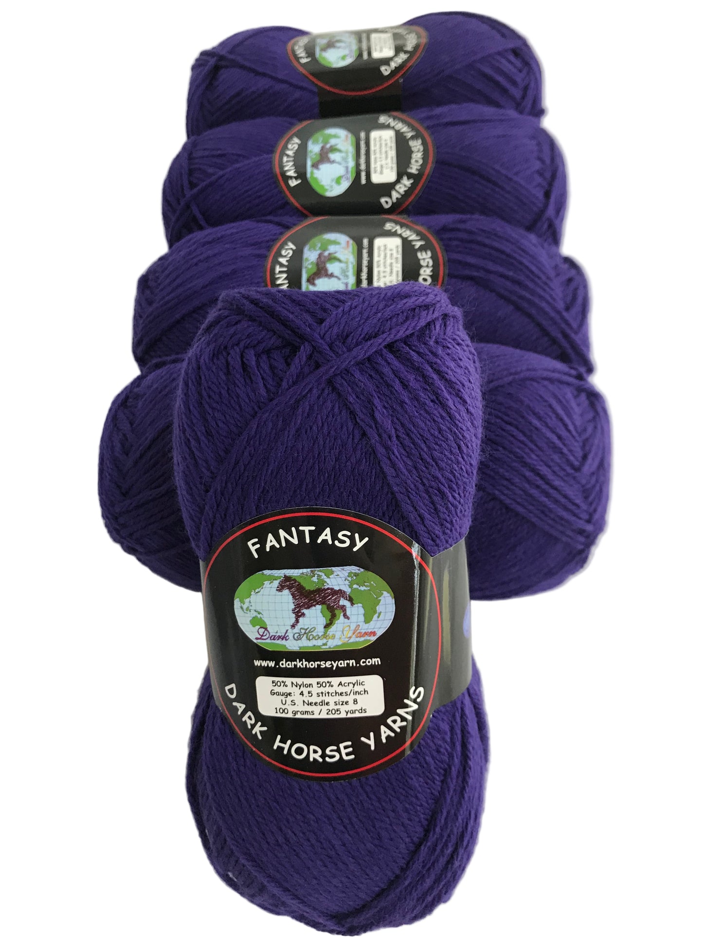 Purple yarn skeins with 'Dark Horse Yarn' labels on a white background