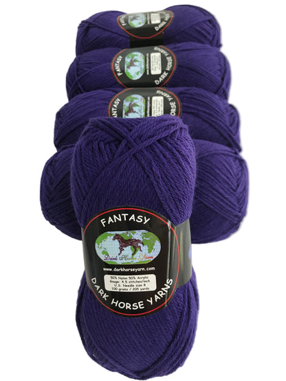 Purple yarn skeins with 'Dark Horse Yarn' labels on a white background