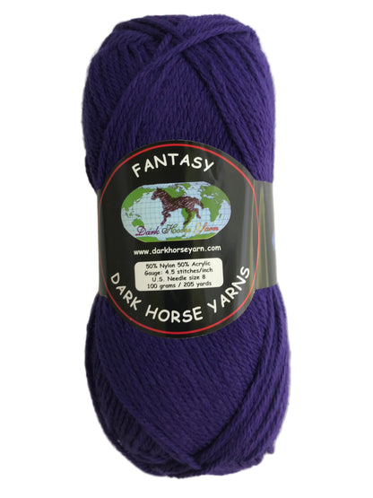 Purple yarn ball with a 'Dark Horse Yarns' label on a white background