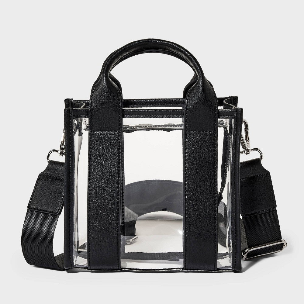 Mini Tote Crossbody Bag - Black/Clear: Faux Leather Handbag wide adjustable strap