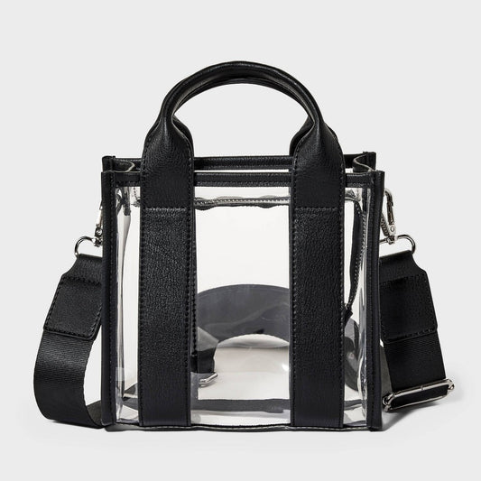 Mini Tote Crossbody Bag - Black/Clear: Faux Leather Handbag wide adjustable strap